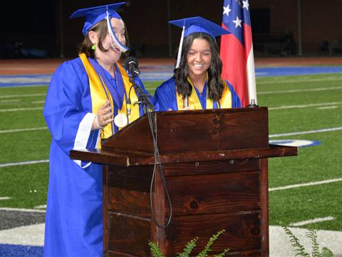 Valedictorian Peyton Nelson and Salutatorian Sydney Chancey, right, enjoyed their high school graduation.
