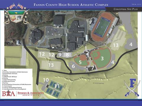 Fannin County School System Senior Operations Officer Darren Danner used this rendering as he talked about the Guaranteed Maximum Price (GMP) for the new athletic complex and preparation work for the Career, Technical and Agricultural (CTAE) building on the Fannin County High School campus.