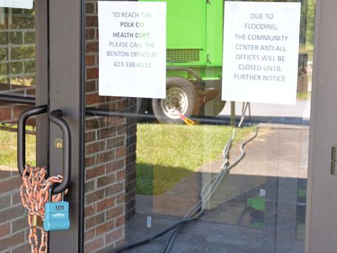 A chain and lock secured these doors at the Copper Basin Community Center so a generator sitting outside could provide temporary power to the building.