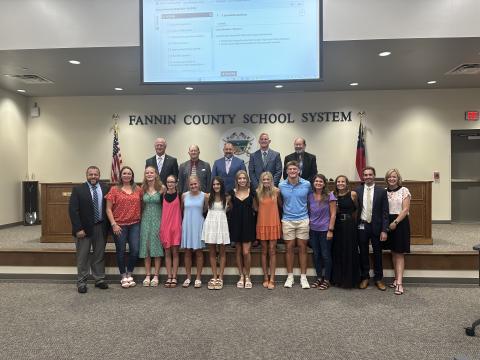 The Fannin County High School Track team was recognized at last week’s Fannin County School Board meeting. Pictured are, from left, back row, school board members Terry Bramlett, Bobby Bearden, Mike Cole, Chad Galloway and Lewis DeWeese; and, front row, Dr. Scott Ramsey, Alden Falls, Airianna Galloway, Annaleigh Cheatham, Karli Sams, Ava Acker, Lindsey Holloway, Cooper Born, Katherine Cheatham, Miranda Roof, Dr. Lucas Roof and School Superintendent Shannon Dillard.