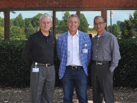Gary Poquette, left, is the new CEO of Blue Ridge Medical Center, succeeding William “Ed” Henry, middle. Also there to announce the change of reigns is Java Health Chief Executive Officer Bappa Mukherji.