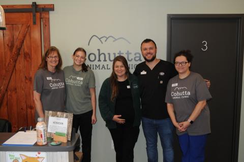 Many Cohutta Animal Clinic staff were present for Fannin County Animal Control’s pet vaccination effort to help in any way. Shown are, from left, Sandy Figueroa, Emily Vincent, Dr. Grace Murray, Dr. Will Patterson and Nikki Zarnnick.