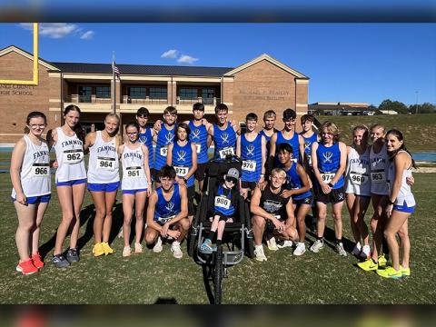 The Fannin County High School boys and girls cross country teams are shown after their first place wins at Banks County last week. The teams included, from left, standing, are Claire Saxon, Lana Hicks, Kensley Pickelsimer, Sydney Ford, Henry Scheuneman, Ryliin Davis, Joe DiBenedetto, Austin Prieto, Hudson Lynch, Kaden Majors, Gavin Davis Jaxson Bittner, Brodey Angel, Aiden Jones, Annaleigh Cheatham, Lindsey Holloway and Karli Sams; and, kneeling, Matthew Ponton, Brady Smith, Gage Bryan and Kevin Cruz.