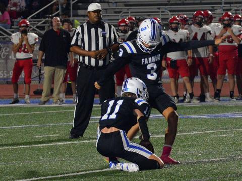 Matthew Ponton has successfully kicked 37 out of 38 extra point attempts this season for the Fannin County Rebels. Here, he works off an Elijah Weaver hold against Chattooga.