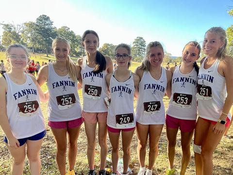 The Fannin County Lady Rebels cross country (XC) will compete in the section meet Saturday to earn a spot in state competition. Shown following last week’s meet at Berry College in Rome, Georgia are, from left, Claire Saxon, Kensley Pickelsimer, Lana Hicks, Sydney Ford, Annaleigh Cheatham, Karli Sams and Lindsey Holloway.