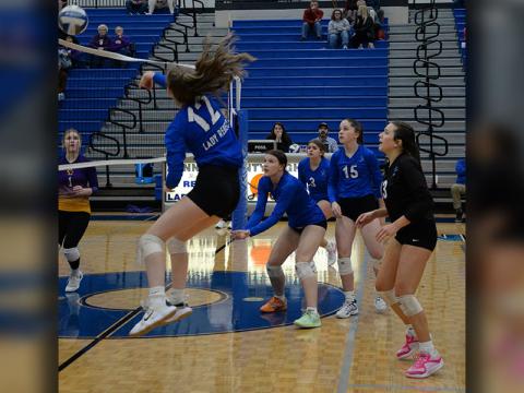 The Lady Rebels have advanced to the Elite Eight round of the Georgia High School Association state volleyball tournament with wins last week over Crawford County and Brantley County. Here, Keslie Kea (12) rifles the ball over the net in action last week against Crawford County. Backing up the play are Bailee Stiles, Maya Butler (3), Ashlyn Jones (15) and Maddie Pelfrey (13) .