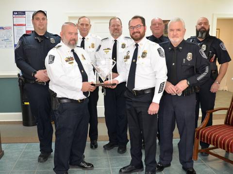 Members of the McCaysville Police Department display the first place trophy representing the department’s success in the Governor’s Challenge competition sponsored by the Governor’s Office of Highway Safety. With the award are, from left, Officer Steve Bennett, Assistant Chief Cory Collogan, Assistant Chief Bill Cole, Lieutenant Brian Collis, Chief Michael Earley and officers Brandon Patterson, Pete Kusek and Eric Fears.