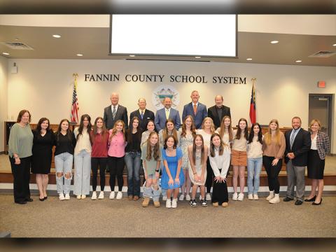 The FCHS Volleyball team was recognized for making it to the State Playoffs. The team from left, front, Keslie Kea, Lexi Howard, Karleigh Hurd and Tatum Ledford; middle, coaches Suzianne Pass and Heather Ades, Maddie Pelfrey, Rylee King, Kaylie Davenport, Maggie Ledford, Bailee Stiles, Ashlyn Jones, Maya Butler, Karis Hurd, Kendall Clore, Piper Stromer, Taber Pass, Ali Jones, Audrey Veal, Dr. Scott Ramsey and Shannon Dillard; back, Terry Bramlett, Bobby Bearden, Mike Cole, Chad Galloway and Lewis DeWeese.