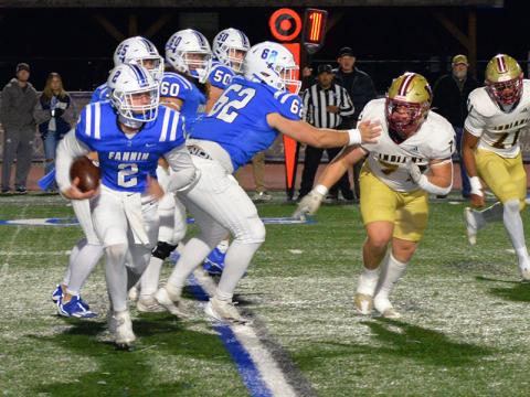Fannin County’s Lawson Sullivan (2) looks for room downfield. Just as they have countless times this season, clearing a path are, from left, Carson Callihan (25), Case Holloway (62), Jacob Dye (60) and Isaac Watkins (50).