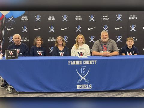 Fannin County’s Callie Ensley signed her Letter of Intent last Thursday to continue her athletic and academic career playing softball at Walters State Community College in Tennessee. Pictured, from left, are Garry Jones, Imogene Jones, Meghan Ensley, signee Callie Ensley, Chris Ensley and Garrison Ensley.