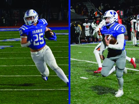 Carson Callihan, left, and Lawson Sullivan joined Head Coach Chad Cheatham in capturing top region football honors.