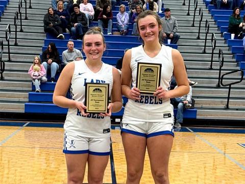 Lady Rebels Maggie Ledford, left, and Reese Lewis earned spots on the Piedmont Mountainside Holiday Classic All Tournament Team for their efforts on the way to the Fannin County High School championship.
