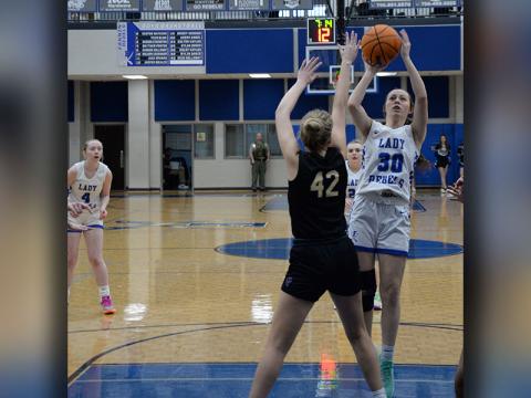 Fannin County’s Avi Ethington eyes two points from the paint in action earlier this season. She scored three points in the Lady Rebels region win over Gordon Lee.