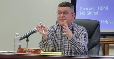 Fannin County Commission Chairman Jamie Hensley makes a point during a hearing for local officials to consider opting out of House Bill 584.