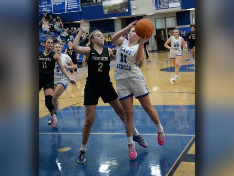 Fannin County’s Izzie Jabaley battles against Union County’s Regan Trilica Saturday afternoon in the two teams second meeting this season. Fannin avenged their earlier loss with a 48-44 win.