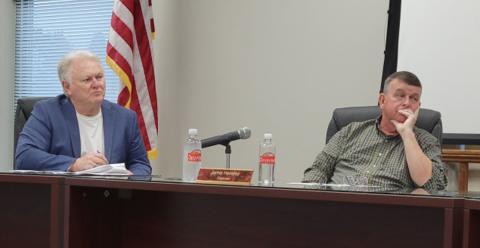 Fannin County Post 1 Commissioner Johnny Scearce, left, and Commission Chairman Jamie Hensley listen as Chief Tax Appraiser Dawn Cochran explains Georgia House Bill 581 during a workshop Tuesday, December 17.
