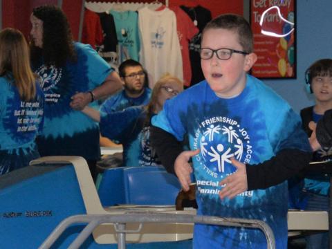 Brayden, a preschool student at Blue Ridge Elementary, is excited to see how many pins he knock down during Special Olympics bowling Friday, March 7, at Fannin Lanes in Blue Ridge.