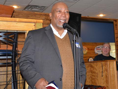 Henry Bernard Miller, back left center, received a warm welcome during the weekly breakfast held by The Ridgemen of The Ridge Community Church. Miller is the head chaplain at Georgia’s Jackson Diagnostic and Classification Prison.