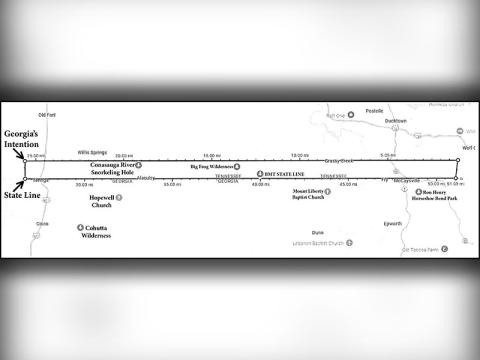 The rectangle in this map indicates the area to where Georgia would expand according to their allegation of the improper survey of the state line with Tennessee and North Carolina. The area includes all of Copperhill, part of Pleasant Hill, part of Grassy Creek, the Big Frog Wilderness and part of Wolf Creek.