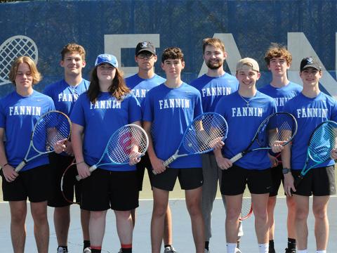 Fannin County High School’s boys tennis team, from left, front, Cash Goulah, Madden Deeter, Henry Schueneman, Cayson Mitchell and Garrett Pittman; and back, Odin Rea-Gutierrez, Austin Prieto, Jamison Dickey and Jonathan Bewley prepare for a match last week.