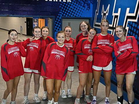 Copper Basin’s Lady Cougars are shown at the state basketball tournament site in Murfreesboro. From left are, Maleah Deal, Riley Akens, Addison Hyatt, Kendra Deal, Aeryauana Deal, Kloie Ballew, Kinsley Ross, Alexis Hyatt and Cora Kimsey.
