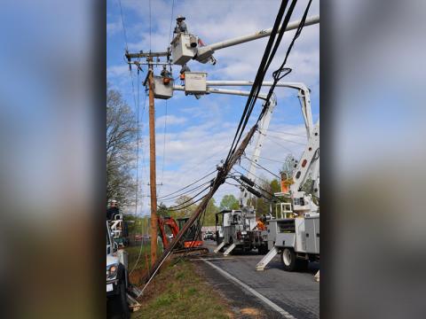 Crews from Tri-State EMC were on the scene for ten hours Friday working to restore power to the Morganton area of Fannin County after a crash at the intersection of State Route 60 and Old Highway 76.