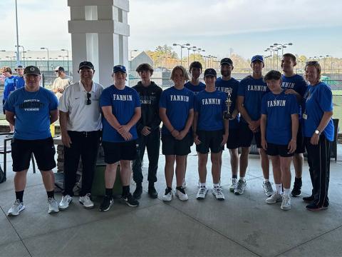 The Fannin County High School boys tennis team is shown at the Rome, Georgia Regional Championships. From left are, front row; Assistant Coach Hunter Satterfield, Coach Mark Miller, Madden Deeter, Cash Goulah, Garrett Pittman, Cayson Mitchell and Coach Suzianne Pass; and, back row, Jonathan Bewley, Henry Schueneman, Jamison Dickey, Austin Prieto and Odin Rea-Gutierrez.