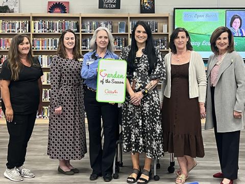The Fannin County School System’s Nutrition Department received the Garden of the Season Award Thursday, April 17. Shown are, from left, Cafeteria Manager Heather Cobb, Kelley Toon, with Georgia Organics, Director of Nutrition and Wellness Martha Williams, teacher Kristen Stone, teacher Amy Adams and state Nutrition Director Dr. Linette Dodson.