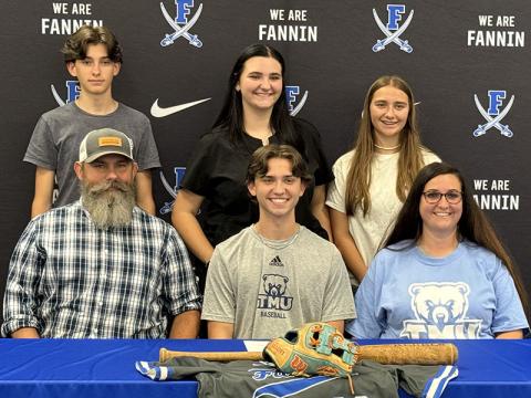 Bristol Hughes has signed a letter of intent to play baseball at Truett McConnell University. Shown during a signing ceremony are, from left, front, John Hughes, Hughes, and Brooke Hughes; and back, Reece Hughes, Cabella Hughes and Alaina Hughes.