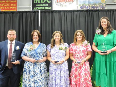 The 2027 Fannin County Teachers of the Year for each school are shown, from left, Terry Flowers, Kayleigh O’Neal, Caitlin Snider, Sydney Newton and Megan Orton.