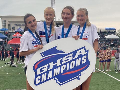 Karli Sams, Kensley Pickelsimer, Ava Acker and Lindsey Holloway, from left, are the State Champion 4x800 meter relay team. They won the title this past weekend at the 1A Division 1 State Championships held in Rome.