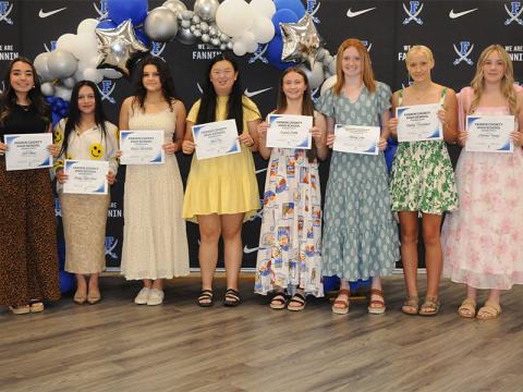 Members of the Fannin County High School Lady Rebels soccer team were honored at an awards banquet Wednesday, May 14. Displaying some of the honors presented to members of the team are, from left, GiGi Torres, Delmy Sacul-Saqui, Natalie Middleton, Grace Fay, Karmah Eaton, Albany Cole, Kensley Pickelsimer, and Caroline Young.