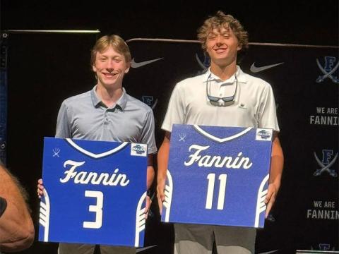 The Rebel Seniors were gifted a jersey replica with their number and a GHSA Elite Eight emblem as recognition for their dedication to the program. Hudson Ethington, left, and Jack Sparks display their jerseys.