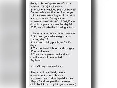 This is an actual screenshot of a text message threatening a Fannin County resident. The message is fake, and officials are warning citizens to beware.