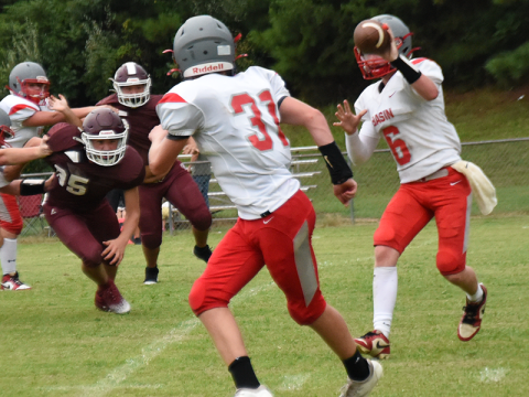 Drew Crowder (6) completed this short pass to Easton Dockery for a gain of several yards when Copper Basin scrimmaged Tellico Plains Friday night.