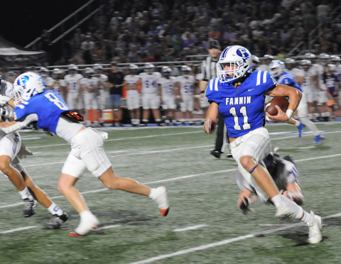News Observer photo/Glenn Harbison Bryson Cole (11) picked up 58 yards on nine rushes Friday night for Fannin County against Rabun County’s Wildcats. Here, he is shown in action the week before against Gilmer county.