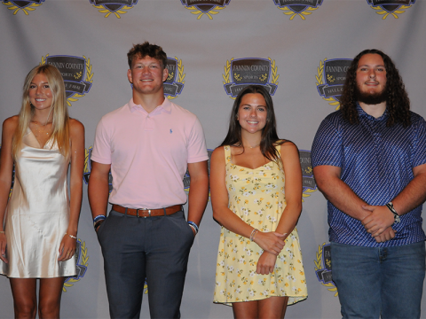 Lindsey Holloway, Cooper Born, Madison Pelfrey and Jacob “Dozer” Dye, from left, were presented scholarships by the Fannin County Sports Hall of Fame.