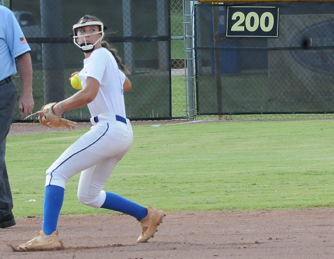 Myla Rogers has been a stellar performer for the Fannin County Lady Rebels, setting up to make a long throw here.