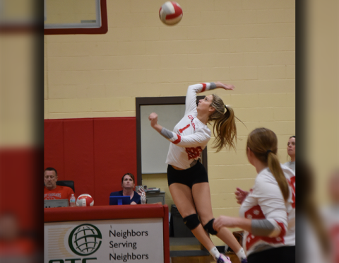 Copper Basin’s Alexis Hyatt goes after a return for the Lady Cougars. Against Polk County, the senior recorded five aces.