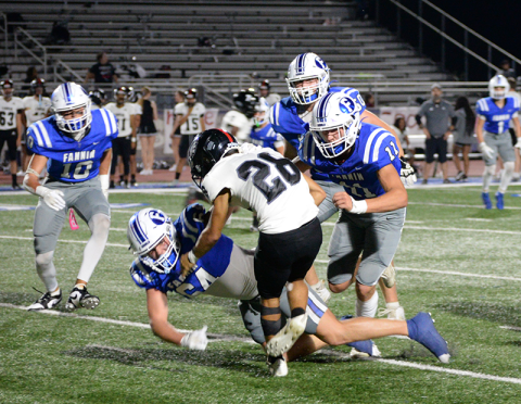 Fannin County’s defense was pivotal in the Rebels victory over visiting Dade County Friday night. Here, in previous action, Karson Brown (10), Noah Burnette (64), Isaac Watkins (50), and Bryson Cole (11) stop a runner for no gain.