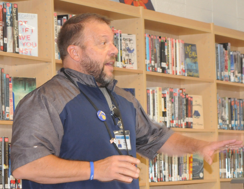 Fannin County High School Principal Dr. Scott Ramsey explains statistics rating the school to the Board of Education.