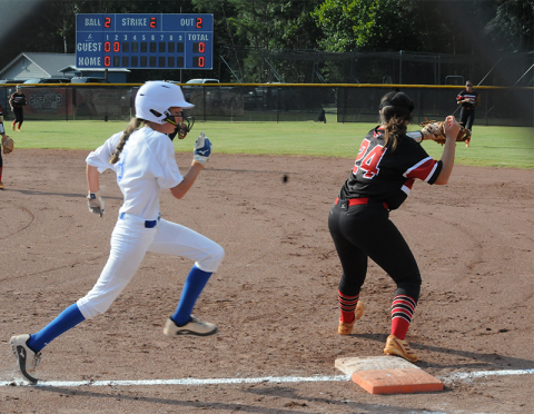 Lana Cook stretches for first base for the Fannin County Lady Rebels softball team in a game played earlier this season.