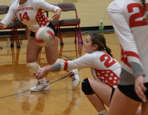 Riley Akens gets a dig in Copper Basin volleyball action earlier this season.