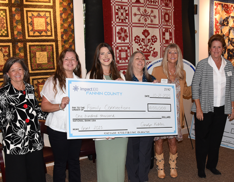 Fannin County Family Connection was presented a $100,000 Impact100 Fannin grant during a special ceremony Tuesday, October 21, at The Art Center in Blue Ridge. Shown during the presentation are, from left, Carolyn Kibler, Impact100 president; Kala Ballew, Family Connection pantry manager; Jacqueline McKee, Family Connection director; Mandi Hyde, Family Connection administrator; Sherry Echelberger, Family Connection board chair; and, Kandy Key, Impact100 non-profit liaison.