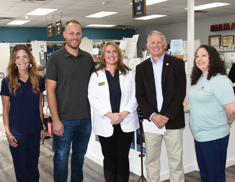 Georgia State Representative Johnny Chastain visited Southern Drug Company in Blue Ridge last week to learn more about a House of Representatives bill that local pharmacies say is needed to level their playing field with larger, affiliated pharmacies. Shown during the visit are Amanda Moore, pharmacy owners John and Suzanne Davenport, Chastain, and Cheryl Stepp.