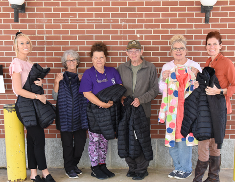 PruittHealth Blue Ridge regularly reaches out to the community through a variety of efforts. Recently, new winter coats were donated to the Fannin County Senior Center. Shown when the coats were delivered are, from left, PruittHealth Admissions Director Samantha Trantham, Hazel Martin, Tammy Mashburn, Frank Constable, Pam Godfrey, and PruittHealth Activities Director Melbay Wilder. 
