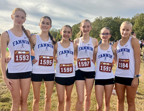 Lana Hicks, Garin Rickenbaker, Charlotte Vallejo, Lola Temples, Sydney Ford, and Kensley Pickelsimer, from left, set the pace for the Fannin County Lady Rebels cross country team during competition this past Saturday in Fairburn, Georgia. The team will next travel to Ringgold, Georgia, October 21.