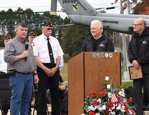 Bill Stodghill, commander of the North Georgia Honor Guard, was honored at the Veterans Day ceremony by the Fannin County commission for his work with the group and dedication to the community. Shown prior to presenting Stodghill a Certificate of Appreciation are, from left, Commission Chairman Jamie Hensley, Stodghill, and Post commissioners Johnny Scearce and Glenn Patterson.