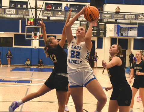 Reese Lewis (22) dominated the inside game for the Fannin County Lady Rebels, scoring 19 points and grabbing 16 rebounds in the win over Union County.