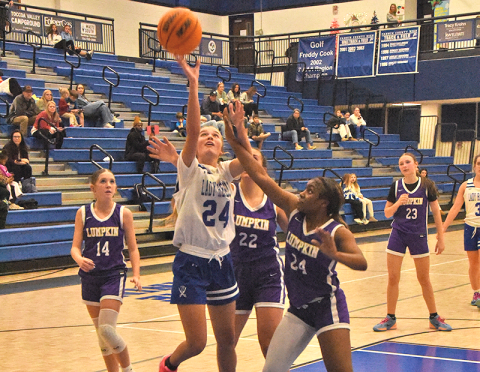 Fannin County Middle School eighth grader Hadlee Patterson (#24) took a shot against her Lumpkin opponent in the Lady Rebels 34-27 win in the Mountain League Championship game.